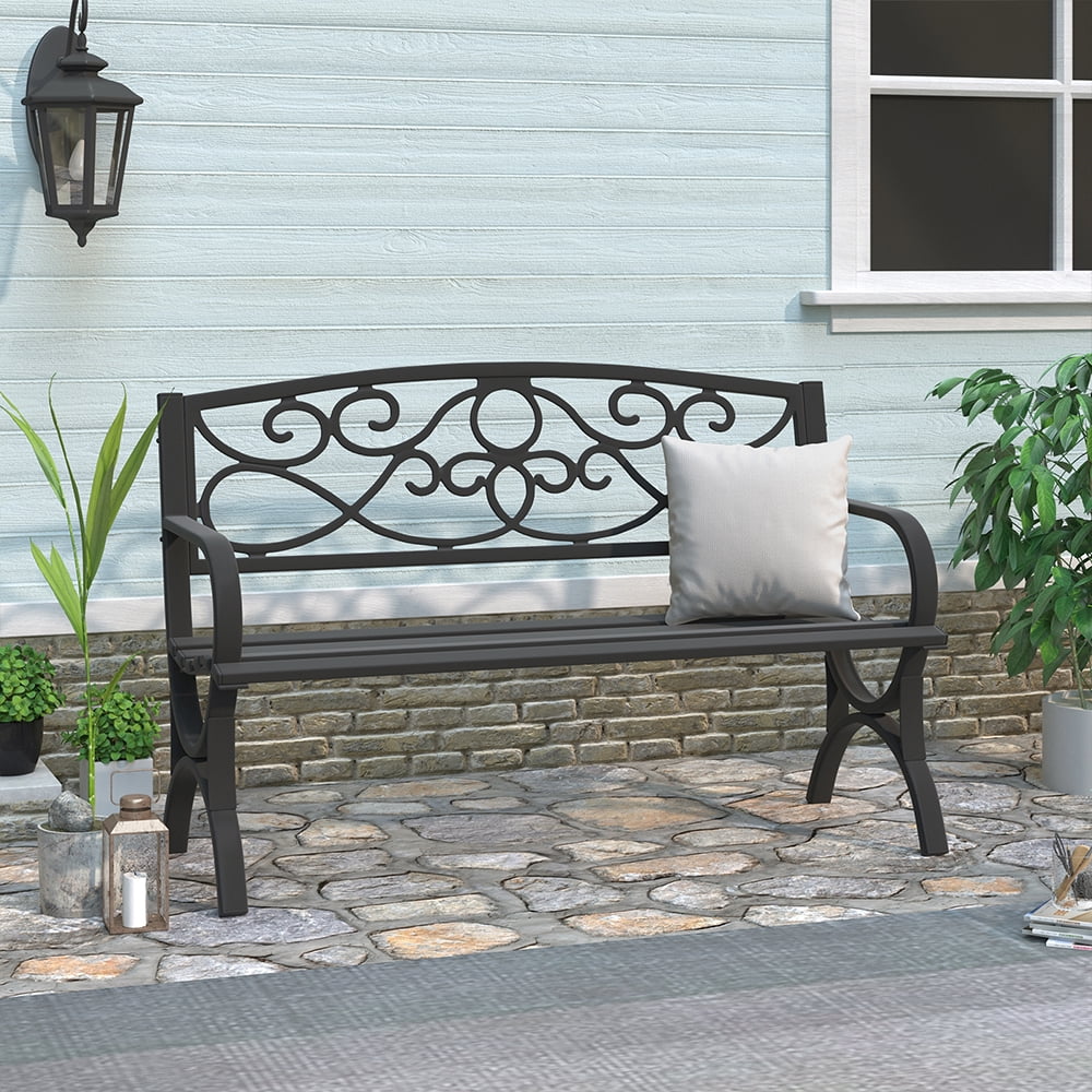 Abble Outdoor Steel Patio Bench, Cast Iron Scroll Back Garden Bench