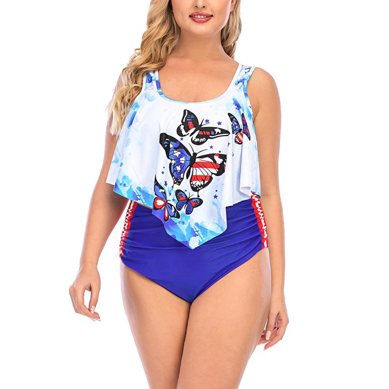 Women s Tummy Irregular Edge Butterfly Print Swimsuit Plus Size