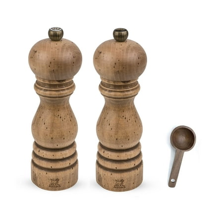 Peugeot Paris Classic Collection Antique Salt & Pepper Mill Natural - With Wooden Spice Scoop (7 Inches)