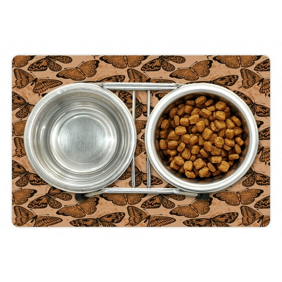 Orange Brown Pet Mat for Food and Water, Repetitive Pattern of Various Butterflies on Grungy Splashes, Non-Slip Rubber Mat for Dogs and Cats, 18" X 12", by Ambesonne