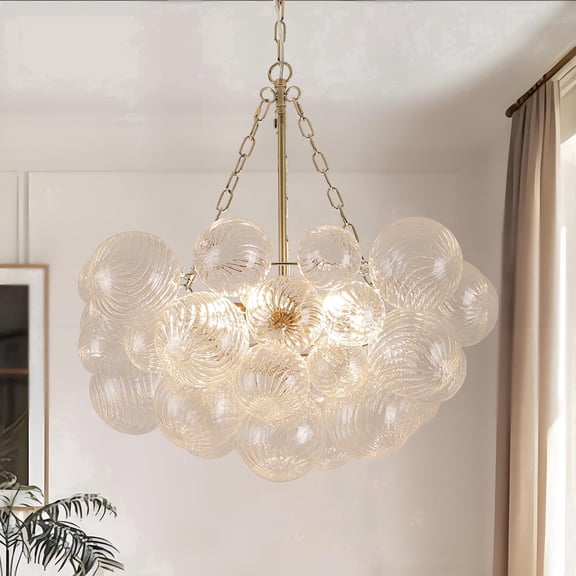 6-Light Gold Chandelier with Ribbed Globe Glass, 25 inch Mid-Century Modern Bubble Ceiling Light for Home