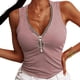 thumbnail image 5 of Camiseta sin mangas de punto acanalado con cuello en V para mujer, camiseta informal con cremallera frontal, camiseta sin mangas, Top ajustado de verano, 5 of 5