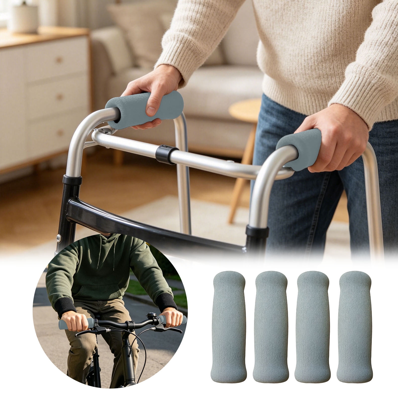 4Pcs Foam Handle Grips & Walker Handle Covers, Non- Comfort Cushion, Mobility Aid Accessories for Crutches Walkers Cane for Elderly - 4.5" x 1.4" Gray