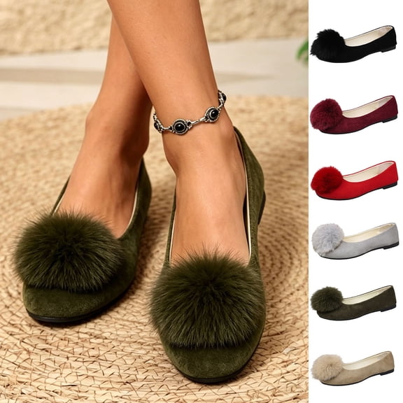 YTCAMLO Puff Pompom Flats for Women Round Toe Backless Casual Shoes Slip On Soft Comfort Ballet Shoes for Daily Weekend Outings