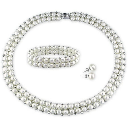 Miabella 6-7mm and 7-8mm White Round Cultured Freshwater Pearl Sterling Silver Set of Necklace and Bracelet with Earrings, 17, 7