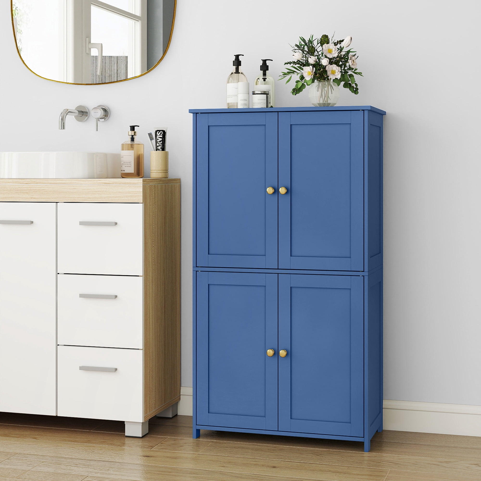 LEDREM Bathroom Storage Floor Cabinet Organizer with Adjustable Shelf 4 Magnetic Doors Freestanding for Living Kitchen Room Small Spaces,Blue