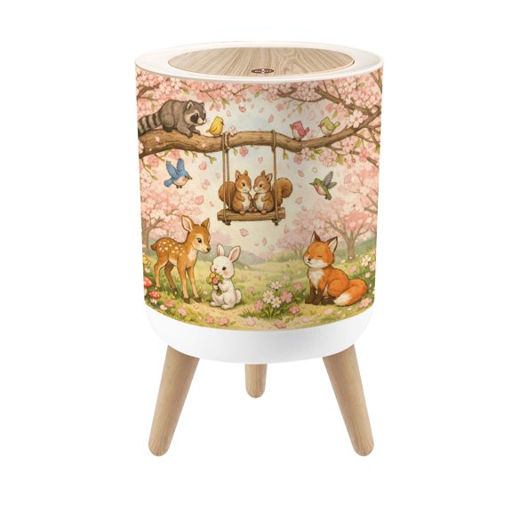 Small Trash Can with Lid Cute Woodland Animals Under Blossom Trees Springtime 1.8 Gallon Dog Proof Trash Can Round Garbage Can Waste Bin Wastebasket for Bathroom Bedroom Living Room