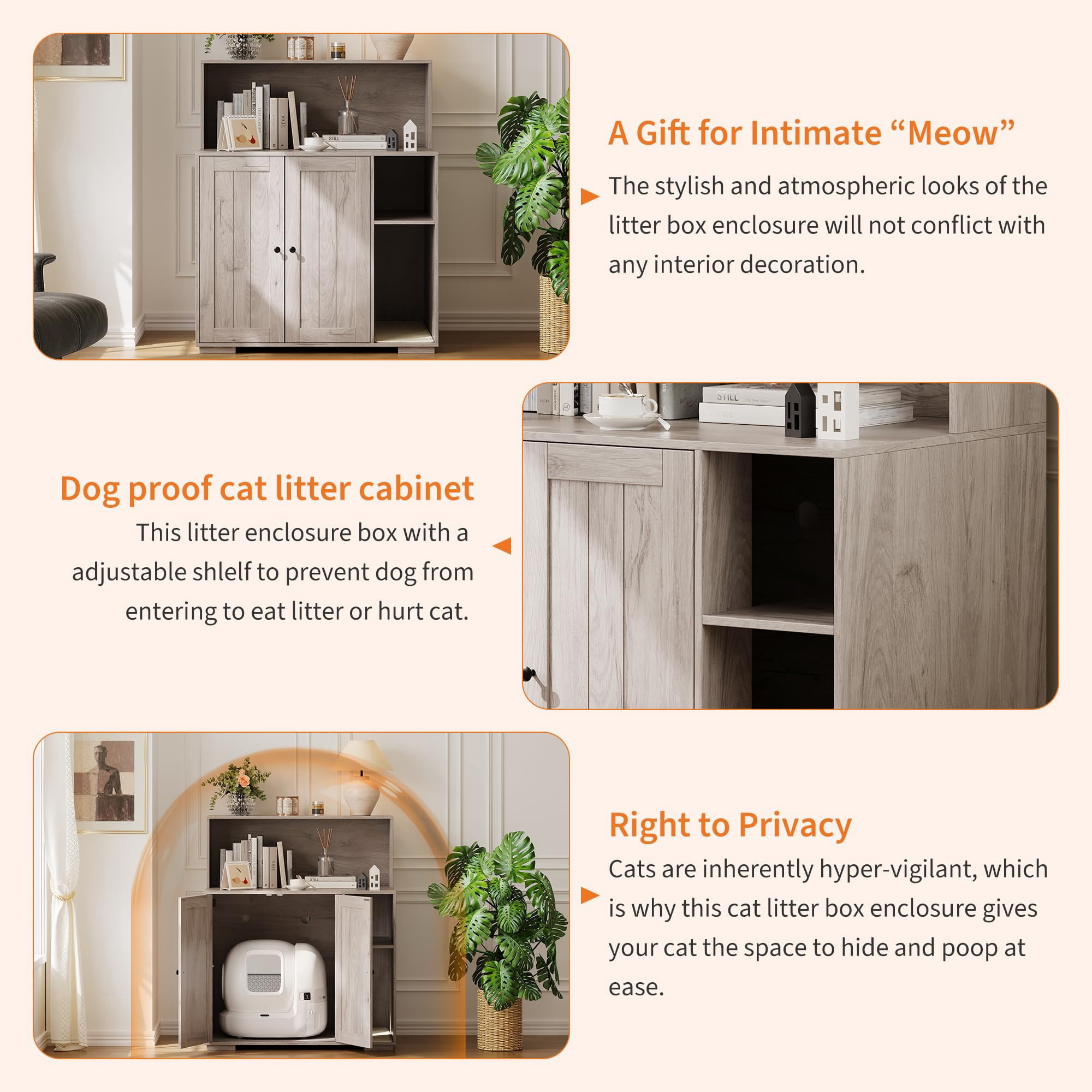 Large Hidden Cat Litter Box Enclosure – Litter Collector – Self-Cleaning Litter Box Cabinet – Adjustable Dog-Proof Shelf – Cat House Furniture for Multiple Cats – Charging Station
