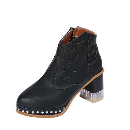 

jsaierl Embroidered Thick Heel Women s Boots With Side Zipper Short