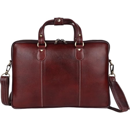 Genuine Leather Briefcase for Men Laptop Bag with Shoulder Strap Zip Closure Multiple Compartments for Office - Brown