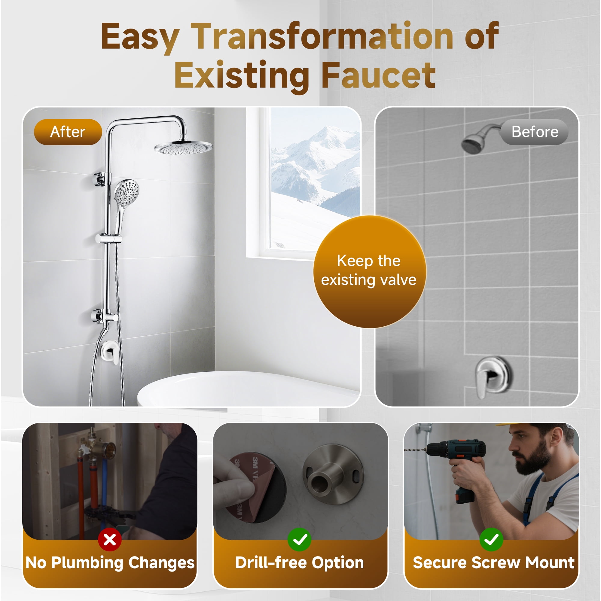 Bright Showers Rain Shower Heads System, Rainfall & Handheld Shower Combo with Height Adjustable Holder, Solid Brass Rail, 60" Long Hose, Chrome
