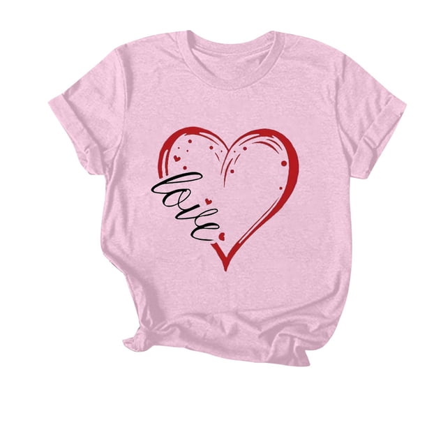 Camiseta de Manga Corta de Cuello Redondo Impresa para las Mujeres Día de San Valentín, Mezcla Ligera de Poliéster para Primavera Verano Otoño