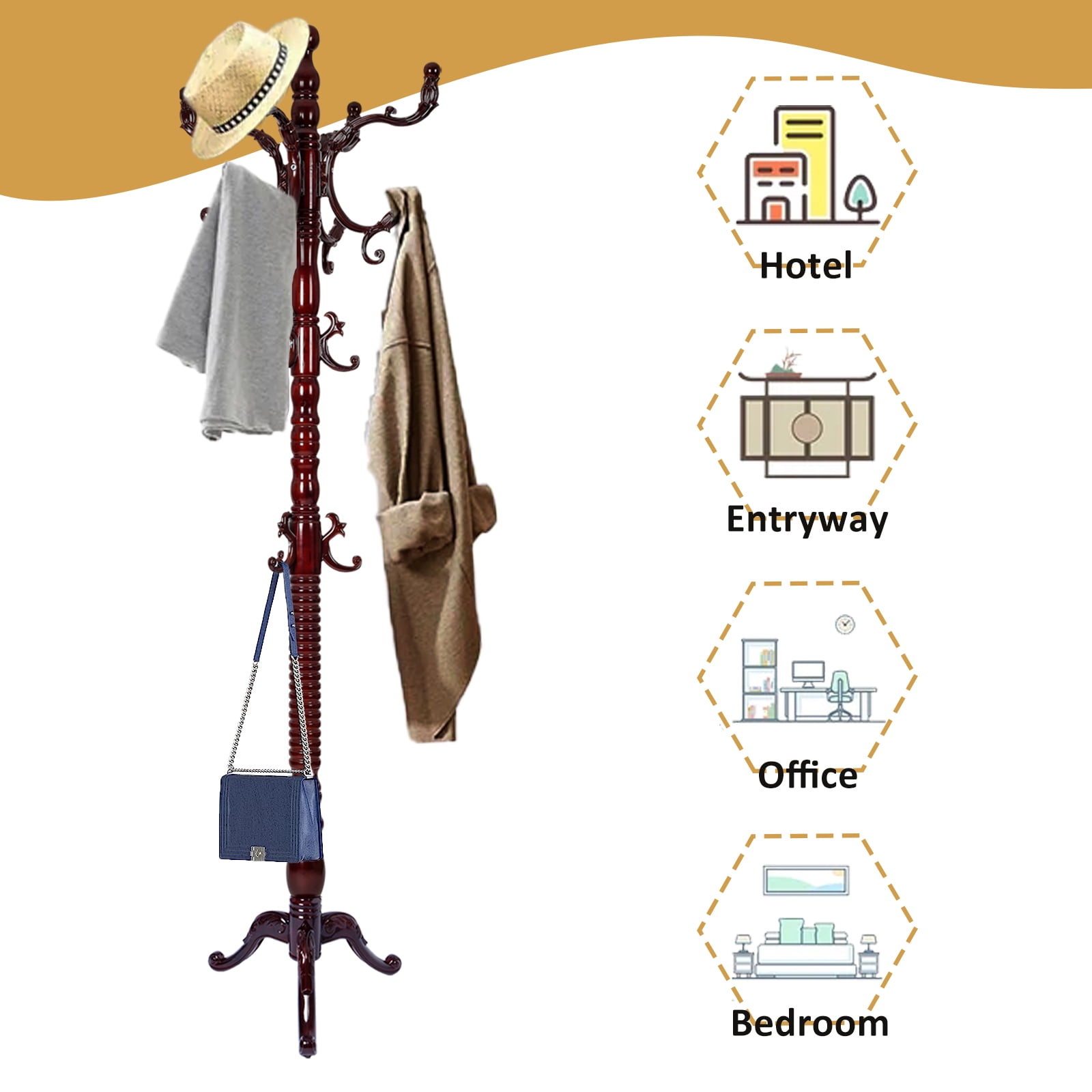 Freestanding Wooden Coat Rack, Natural Birch Wood Coat Tree with 14 Hooks, Sturdy Hall Tree for Entryway & Office