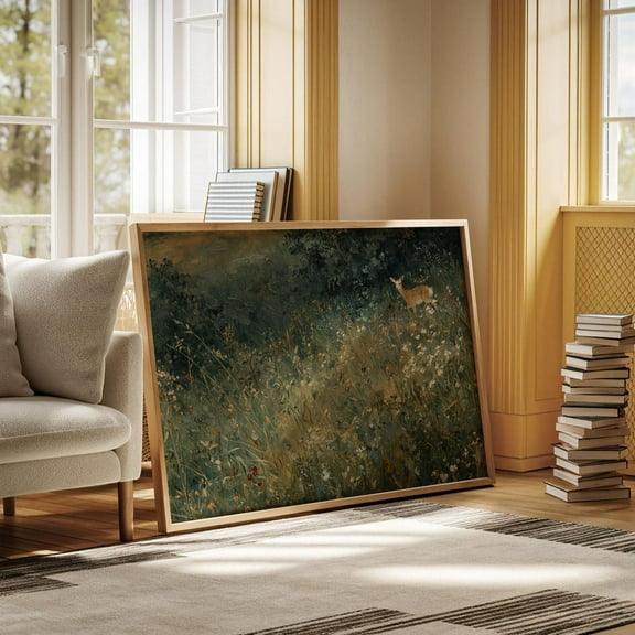 Spotted Fawn In Wild Meadow Vintage Woodland Deer Painting With Flowers For Rustic Nature-Inspired Home Decor Wall Art, Modern Wall Decor, 8x12 UNFRAMED