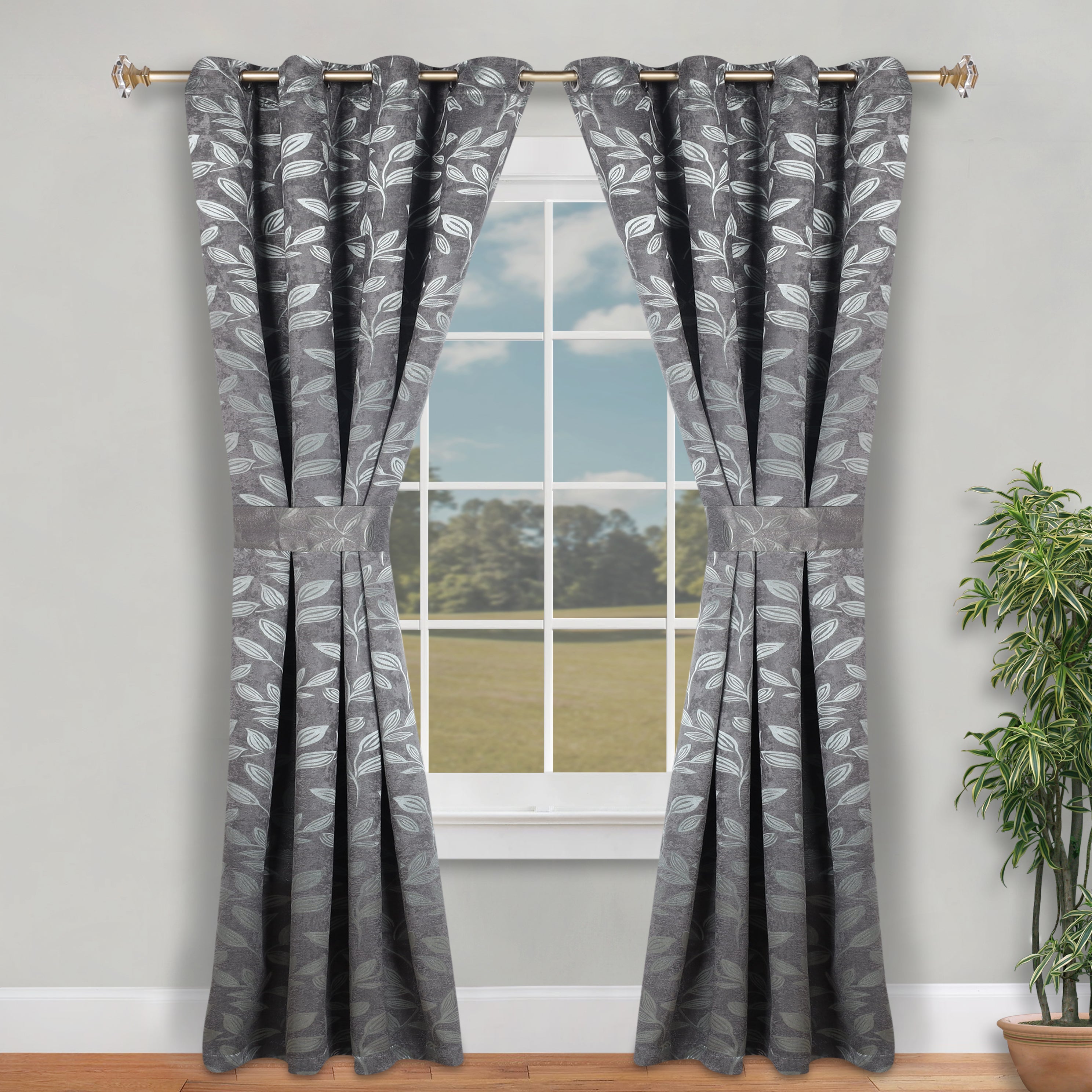Superior Blackout Leaves Curtains Set of 2, Light Filtering Grommet Curtain Panel Set, Nickel Black, 46"W x 84"L