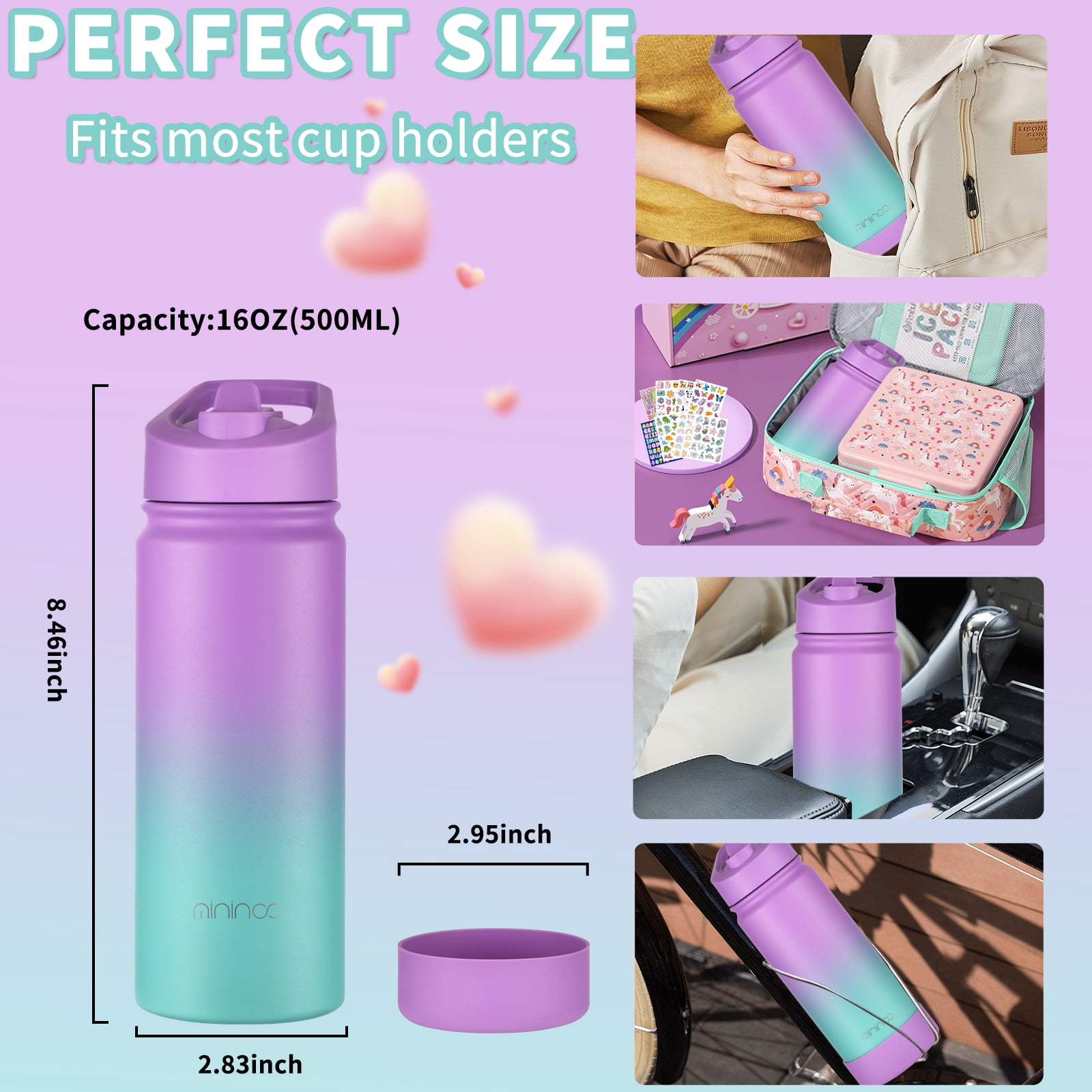 mininoo Insulated Water Bottle for School, 16oz Back to School Water Bottle with Straw Lid for Girls, Boys (Purple/Sky)
