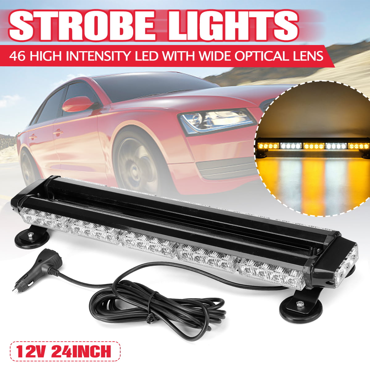 12" 24 LED Warning Emergency Double Side Beacon Mini Strobe Lightbar Amber White 