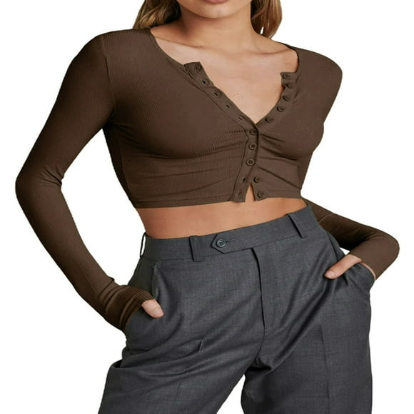 CHUANK Women‘s Open Front Rib Knit Cropped Bolero Shrug Cardigan Sweater Long Sleeve V-Neck Button Down