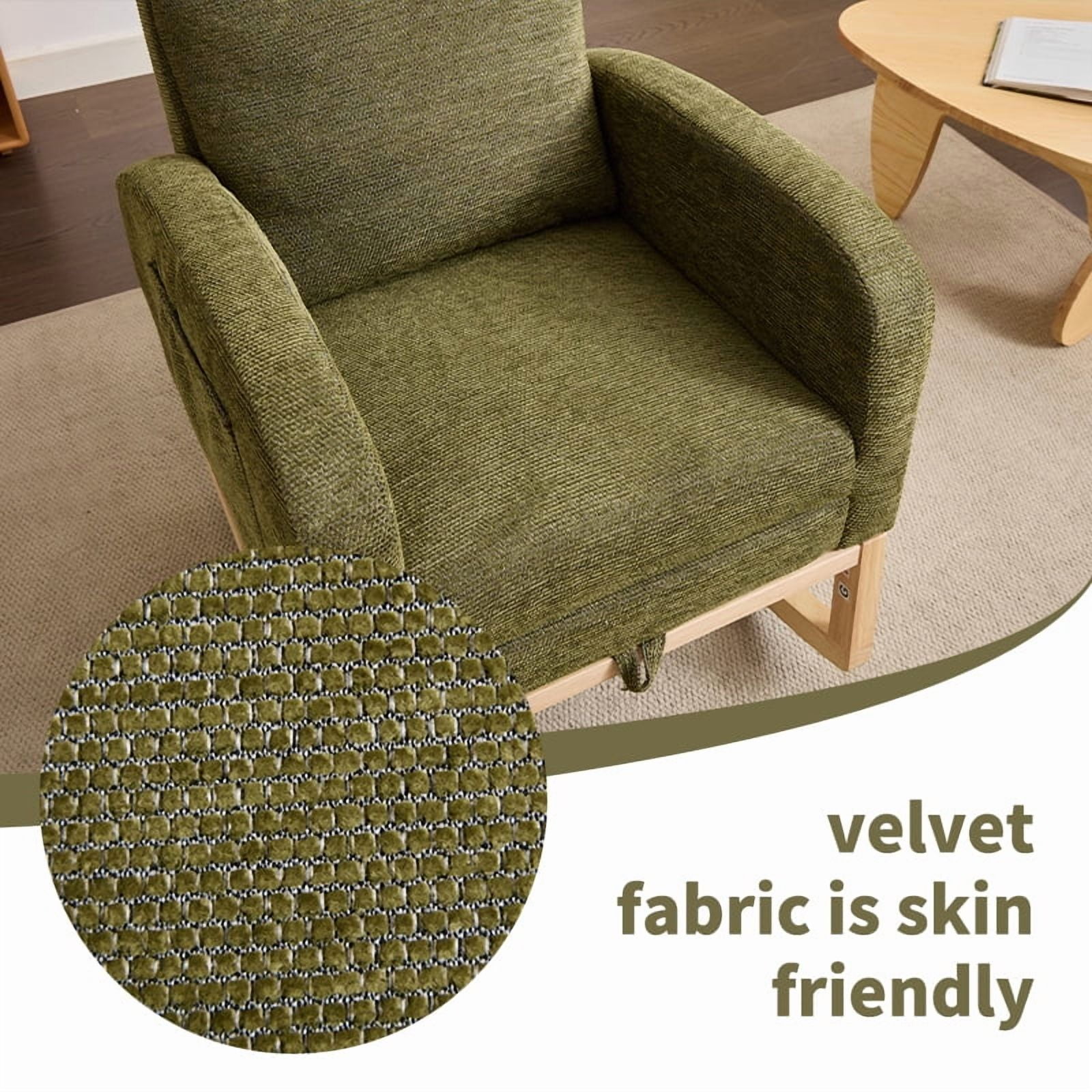 Newest Modern Accent Rocking Chair Rocking Chair with Solid Wood Legs, Upholstered Nursery Glider Rocker, Comfy Armchair with Side Pocket, Living Room Lounge Arm Chair with High Backrest Teddy