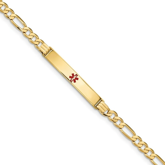 14K Medical Red Enamel Flat Figaro Link ID Bracelet in 14k Yellow Gold