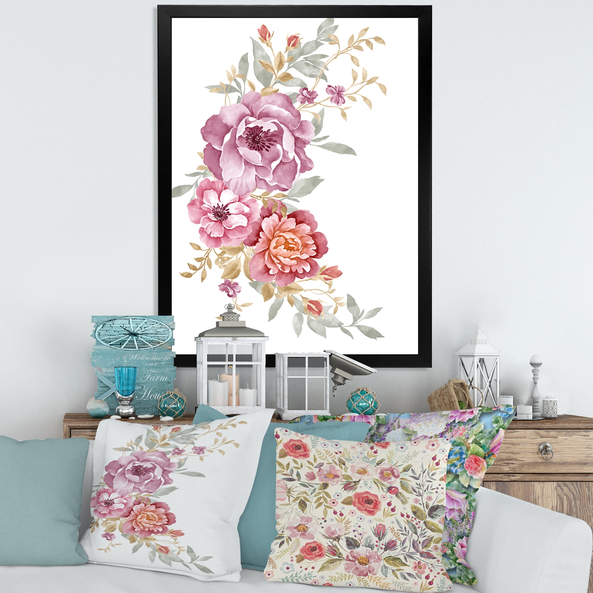 Designart 'Bouquet of Purple and Pink Flowers III' Farmhouse Framed Art Print