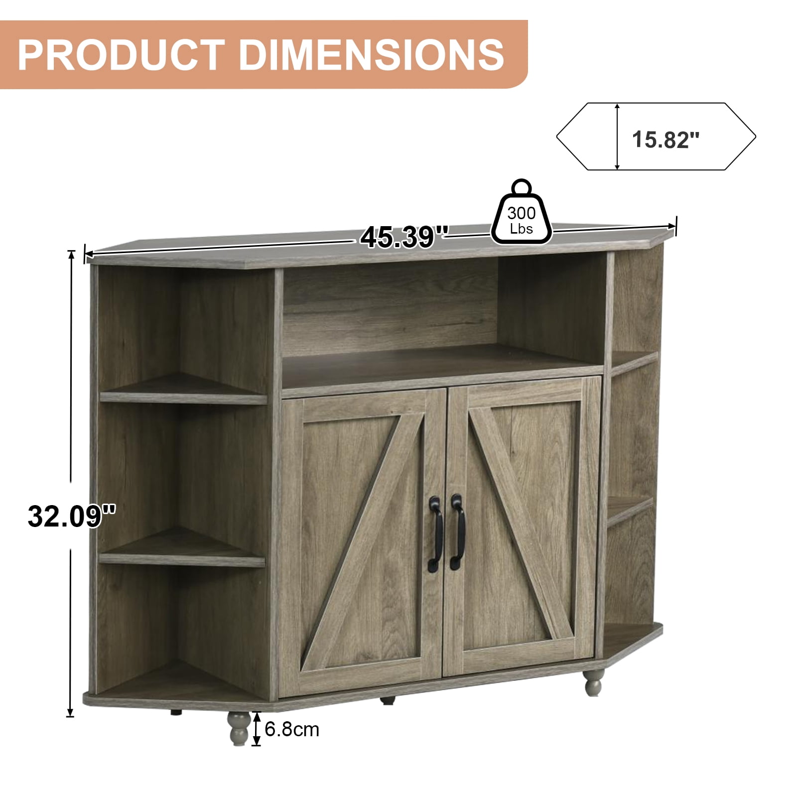 Corner TV Cabinet with LED Lights for 50 Inch TV, Adjustable Shelves, Farmhouse Barn Door Media Console with Storage & Cable Management,Grey