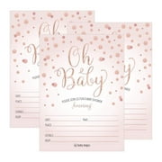 25 Blush Rose Gold Girl Oh Baby Shower Invitations, Cute Princess Printed Fill Or Write in Blank Invite, Printable Shabby Chic Unique Custom Vintage Coed Twin Sprinkle Party Card Stock Paper Supplies