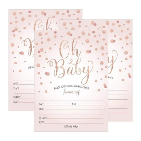 25 Blush Rose Gold Girl Oh Baby Shower Invitations, Cute Princess Printed Fill Or Write in Blank Invite, Printable Shabby Chic Unique Custom Vintage Coed Twin Sprinkle Party Card Stock Paper Supplies