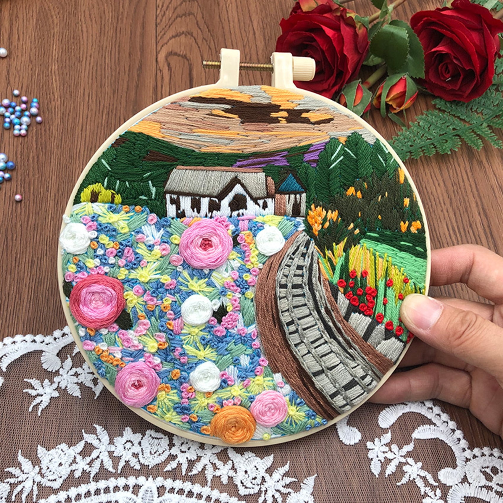 HVEST 3 Pack Embroidery Kit for Beginners - Sunflower Floral & Nature Scene with Embroidery Pattern, Hoop, Complete Cross Stitch Supplies (Needle/Threads/Scissors) DIY Craft for Adults Sewing Hobby