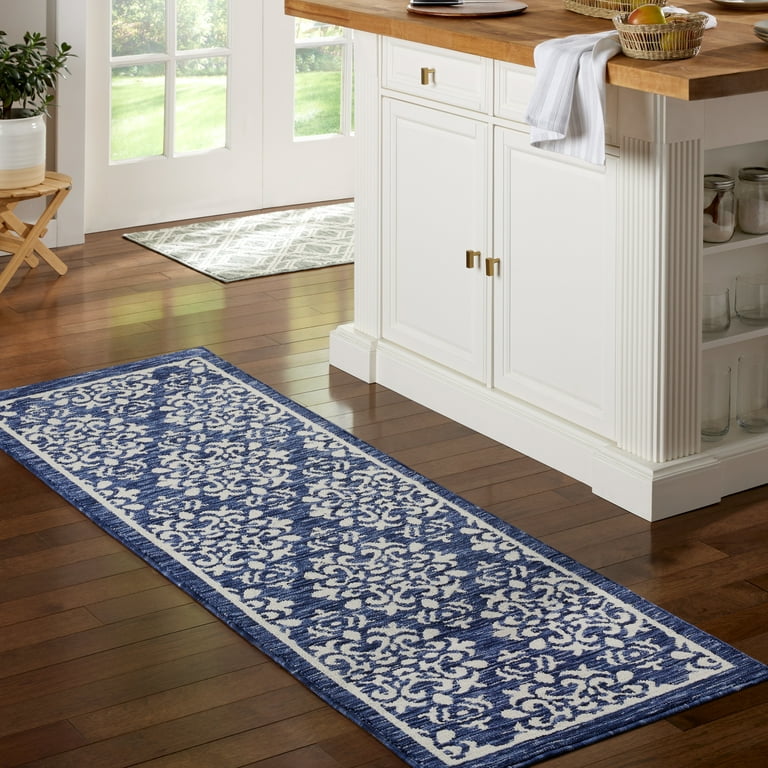 Town & Country Living Everyday Walker Damask Medallion Navy Blue 24 in. x 72 in. Machine Washable Runner Kitchen Mat
