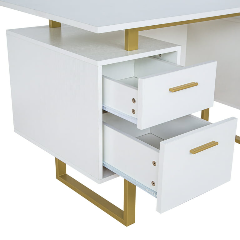Techni Mobili Modern Adult Office Desk with Drawers and Storage, 51.25”W,  White/Gold 