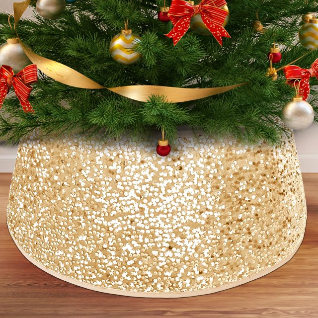 Christmas Tree Collar, Gold Sequin Xmas Tree Collar for Artificial Trees, 23.6 Inch Christmas Tree Skirt, Tree Stand Base Cover, Tree Base Box, Holiday Home Decor Tree Ring