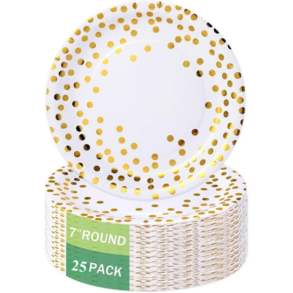 White and Gold Paper Plates Disposable Dessert Tableware for Birthday/Party/Wedding 25pcs（7 Inch）