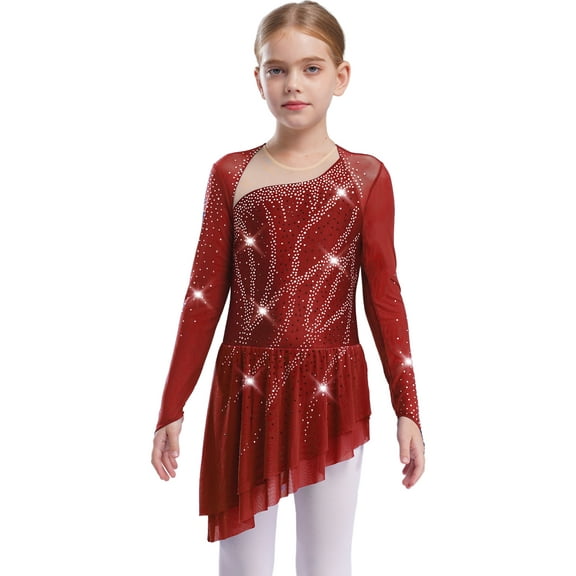 Nyeemya Kids Girl's Long Sleeve Sparkly Figure Ice Skating Leotard Dress Lyrical Ballet Contemporary Burgundy 8