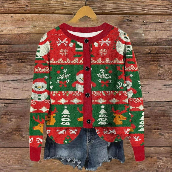 AUNVITO Women's Winter Casual Cardigan Long Sleeve Round Neck Printed Knit Sweater Cozy Loose Fit Spandex Top for Home & Daily Wear