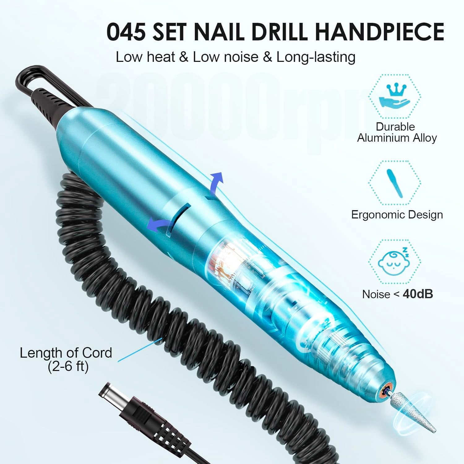 COSITTE 20,000 RPM Electric Nail Drill Set, Acrylic/Gel Remover, Home/Salon Manicure-Azure Blue
