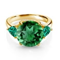 thumbnail image 2 of Gem Stone King 18K Yellow Gold Plated Silver Green Nano Emerald 3-Stone Ring for Women (5.94 Cttw, Round 12MM, Trillion 5MM, Size 9), 2 of 3