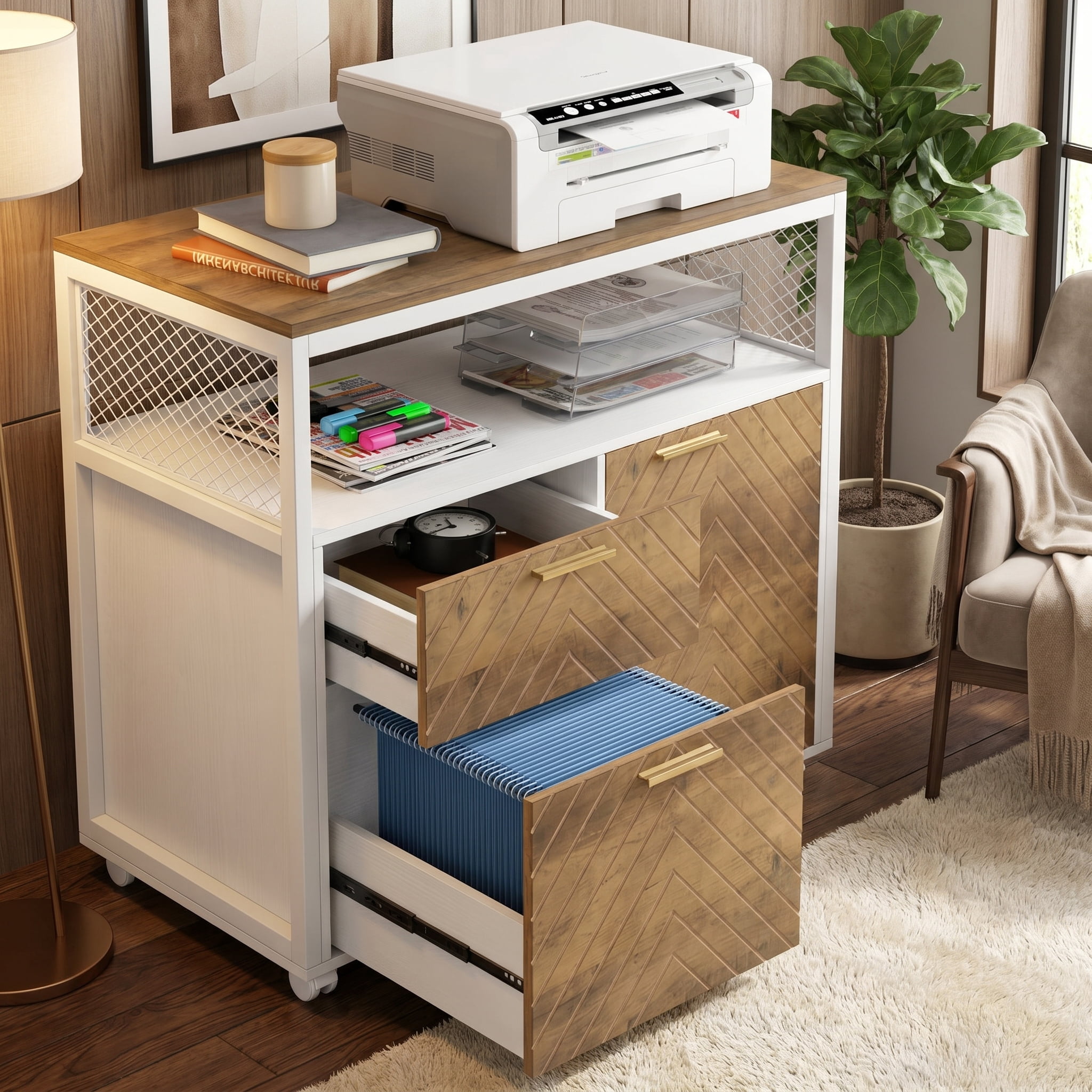 Fnova Modern File Cabinet with Drawers for Letter-Sized File and Door, Lateral Filing Cabinet Printer Stand with Storage Shelves and with Rolling Caster for Home Office, Rustic