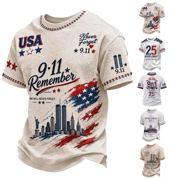 9/11 Shirt Men 911 25th Anniversary USA Flag Patriotic Crewneck Short Sleeve Memorial Tee