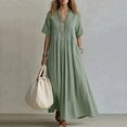 thumbnail image 2 of Noric Women V Neck Short Sleeve Maxi Dresses Loose Pleated Front Flowy Casual Summer Beach Vacation Daily Boho Dresses, 2 of 7