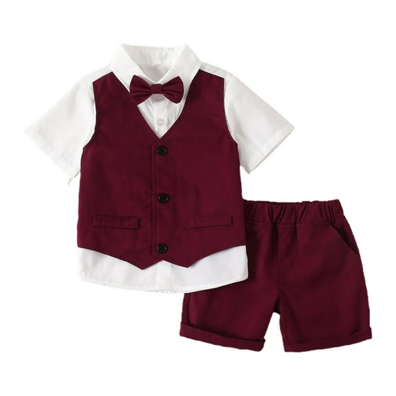 Kaemgyyd Baby Boys Summer Suits 2 Piece Set Formal Short Sleeve Wedding Shirt and Shorts Outfits Cute Bowtie Shorts Set 1-8 Years