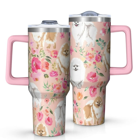 OBREWU Pomeranian Dogs and Flowers Tumbler with Handle and Lid,Pomeranian Dogs and Flowers 40oz Double Wall Vacuum Insulated Tumbler,Cups Gift for Women and Men