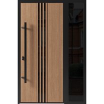 Front Exterior Prehung Steel Door / Ronex 1055 Teak / Side Exterior Window Sidelite / Entry Metal Modern Painted W36 12" x H80" Right hand Inswing