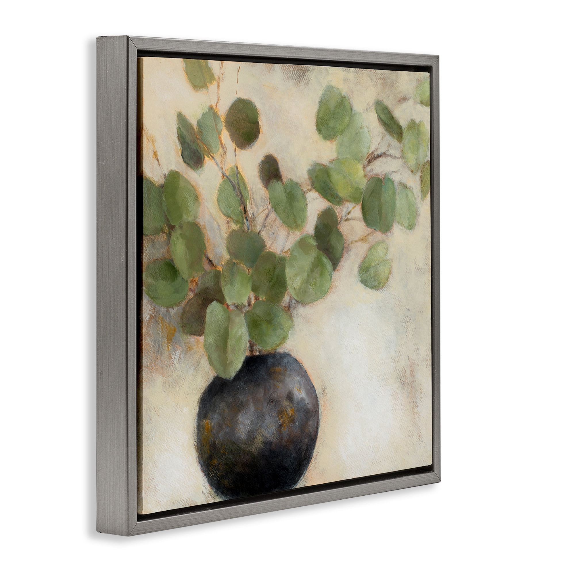 Stupell Industries Green Potted Eucalyptus Leaves Botanical & Floral Painting Gray Floater Framed Canvas Art Print Wall Art, 18 x 18