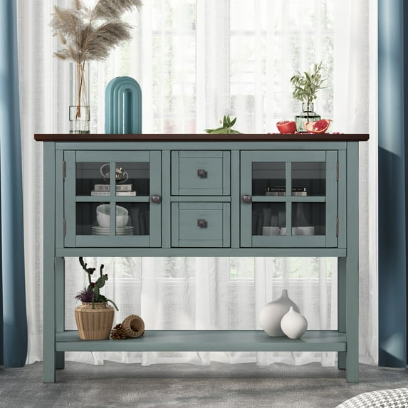 Highsound Wooden Storage Cabinet, Sideboard Floor Cupboard, Console Buffet Cabinet with Solid Wood Top for Living Room and Hallway, White