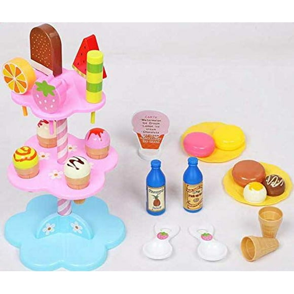The Season Non-Toxic colorful Wooden Ice cream Toy Set Including Three Tier Stand for Kids, Birthdays and Play Dates