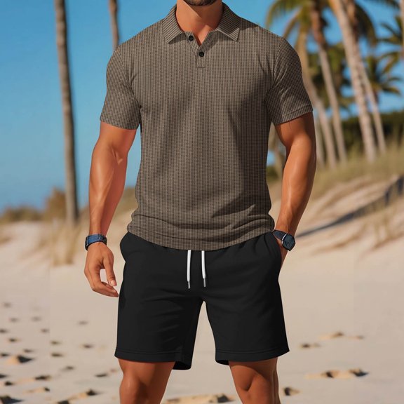Kakii Men's 2 Piece Outfit Set - Solid Short Sleeve Button Down Polo Shirt and Elastic Waist Drawstring Shorts, Casual Beach Vacation Outfits