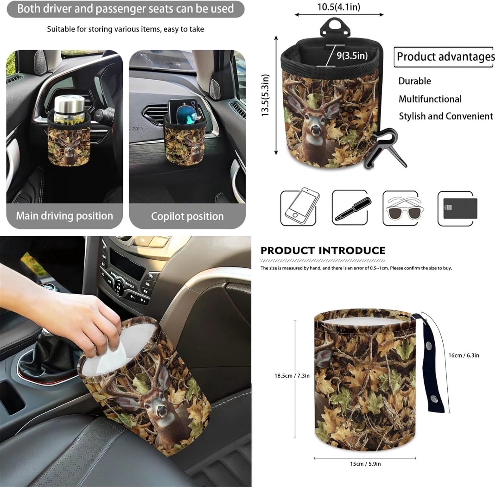Yuyamidu Deer Car Front Seat Covers Full Set Camo Hunting Steering Wheel Cover Seat Belt Pads Armrest Cover Coasters Trash Bag Air Vent Bag Rearview Mirror Cover Keychain 12 PCS Auto Accessories