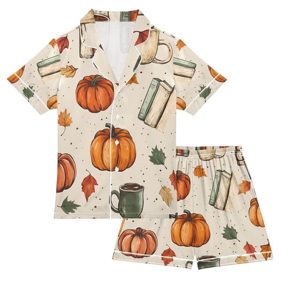 FORMRS Niños Short Sleeve Top and Pants Pajama Set Unisex Satin 2-Piece Sleepwear, Sizes 5-6Y, Beige Fall Coffee