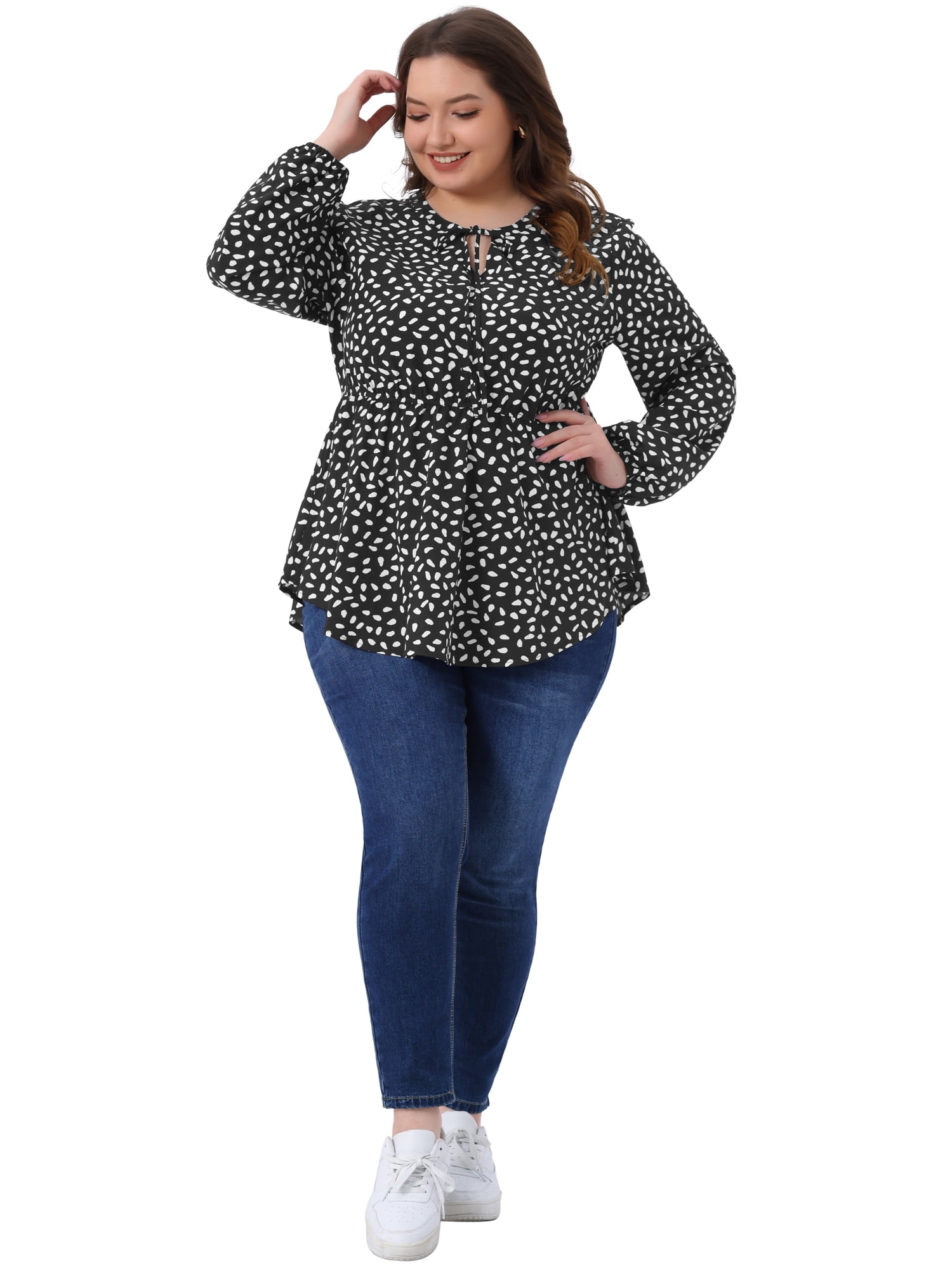 DARING DIVA Women's Plus Babydoll Polka Dots Tie Front Neck Blouse 3X Black